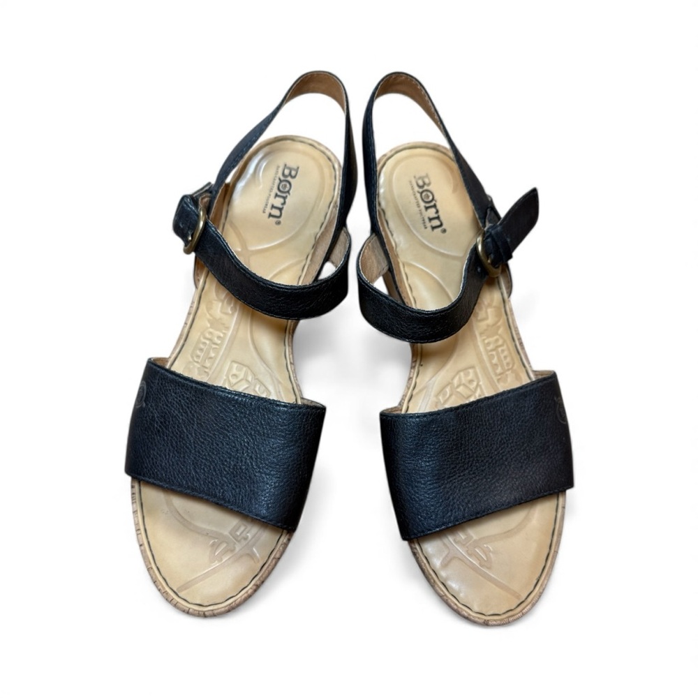 Born Black Leather Cork Wedge Sandals - Picture 2 of 15